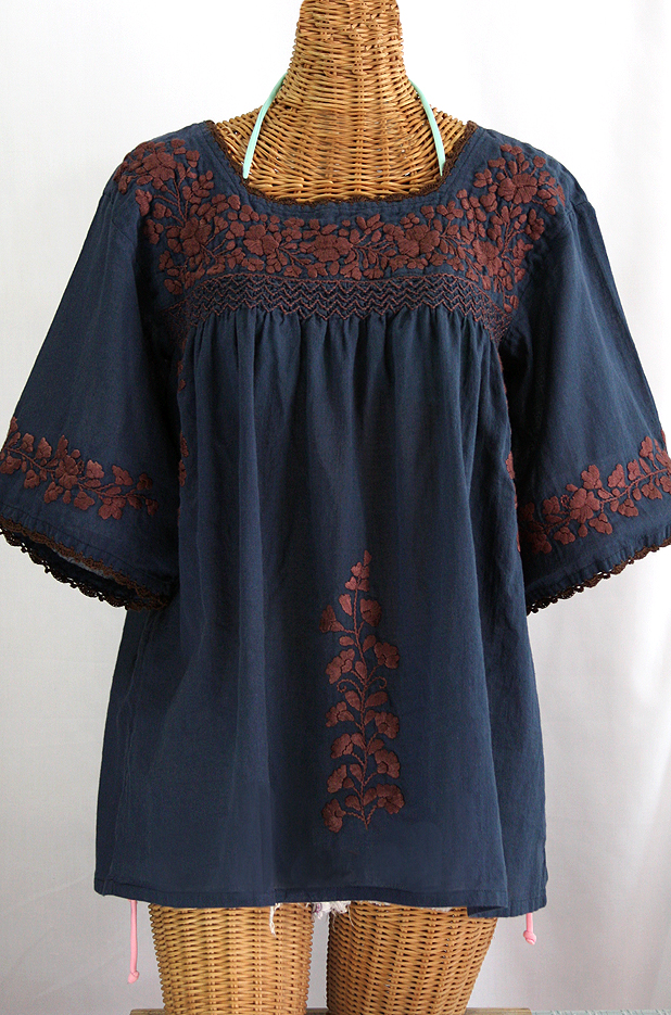 "La Marina" Embroidered Mexican Blouse - Navy + Brown Embroidery