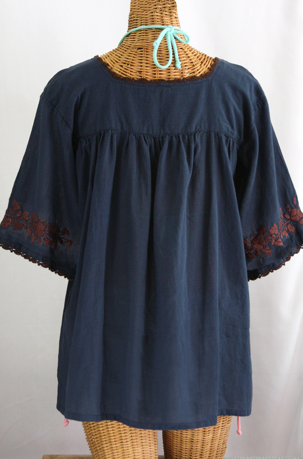 "La Marina" Embroidered Mexican Blouse - Navy + Brown Embroidery