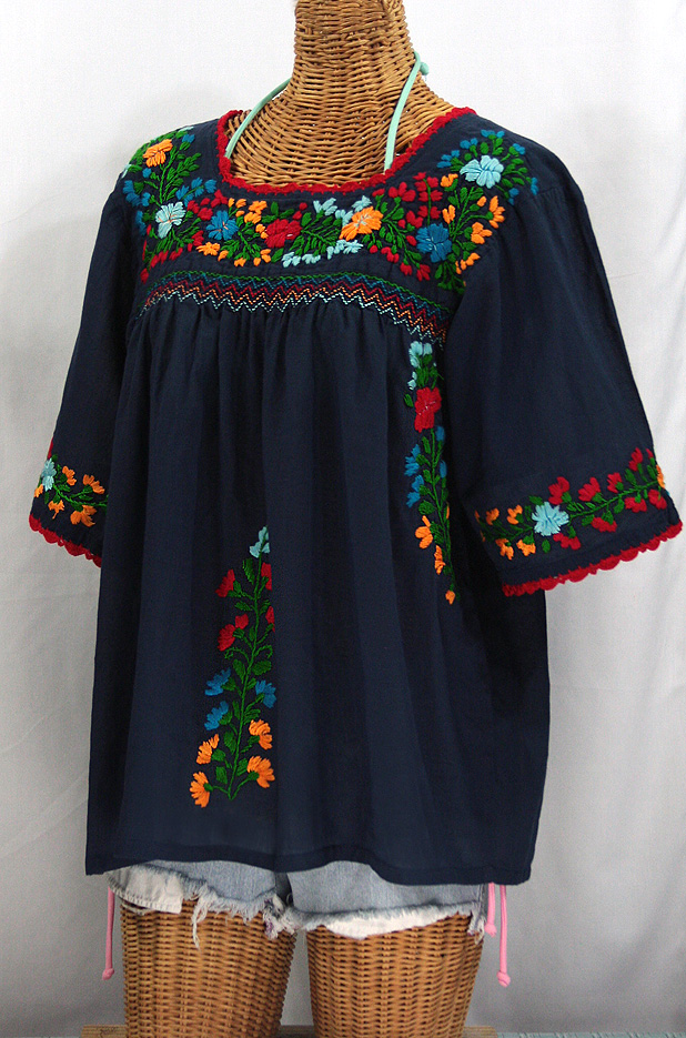 "La Marina" Embroidered Mexican Peasant Blouse -Navy + Fiesta