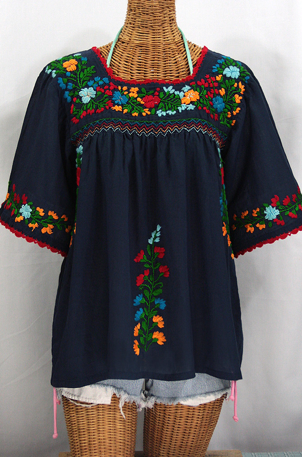 "La Marina" Embroidered Mexican Peasant Blouse -Navy + Fiesta