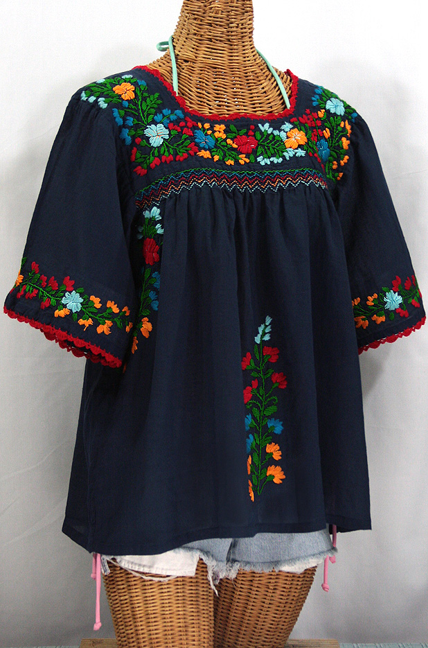 "La Marina" Embroidered Mexican Peasant Blouse -Navy + Fiesta