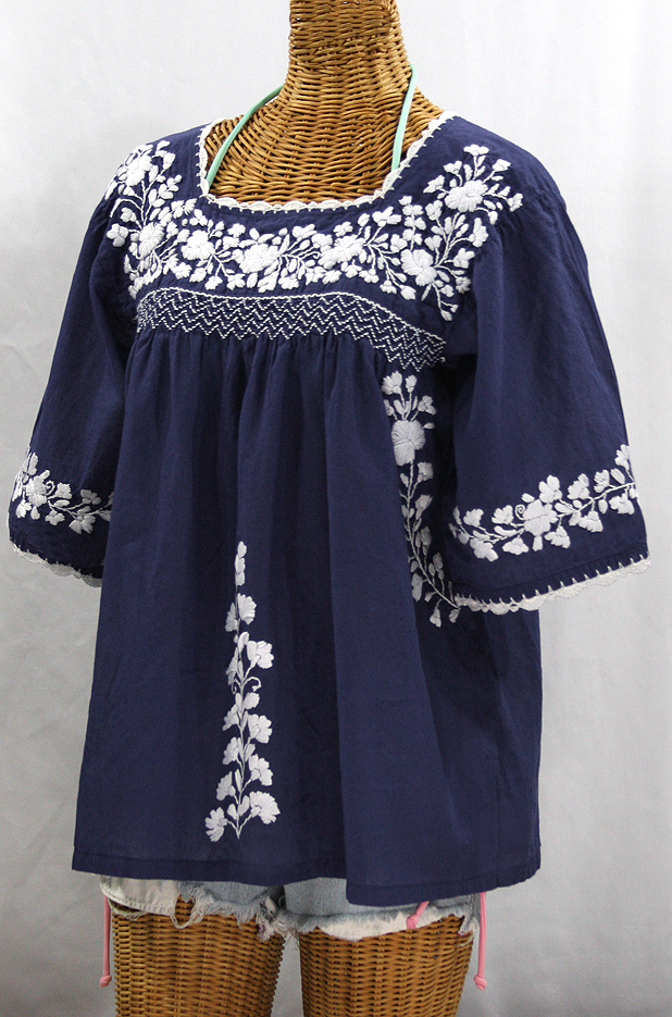 "La Marina" Embroidered Mexican Peasant Blouse -Navy + White Embroidery