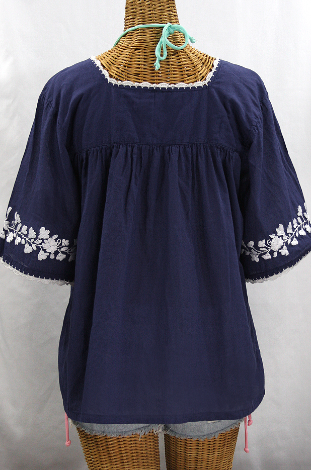 "La Marina" Embroidered Mexican Peasant Blouse -Navy + White Embroidery