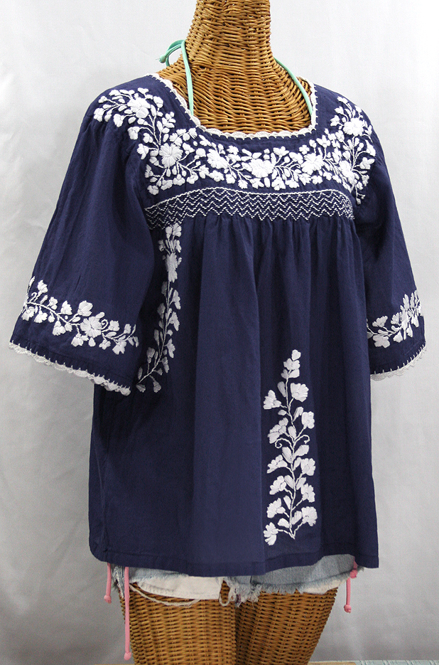 "La Marina" Embroidered Mexican Peasant Blouse -Navy + White Embroidery