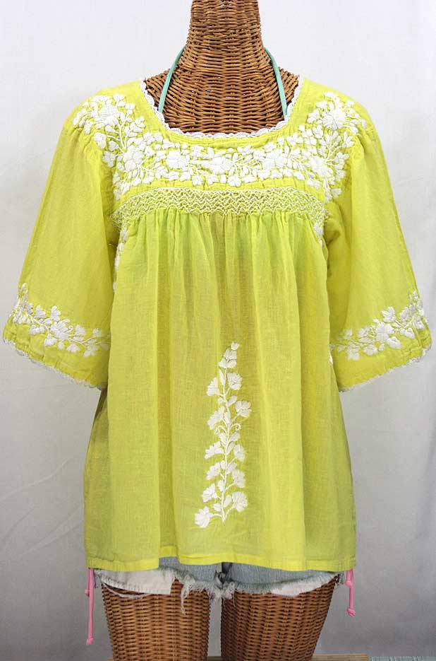 "La Marina" Embroidered Mexican Peasant Blouse Bright Lemon Yellow + White