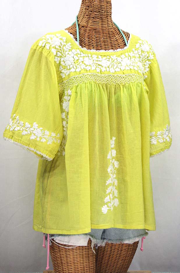 "La Marina" Embroidered Mexican Peasant Blouse -Bright Lemon Yellow + White