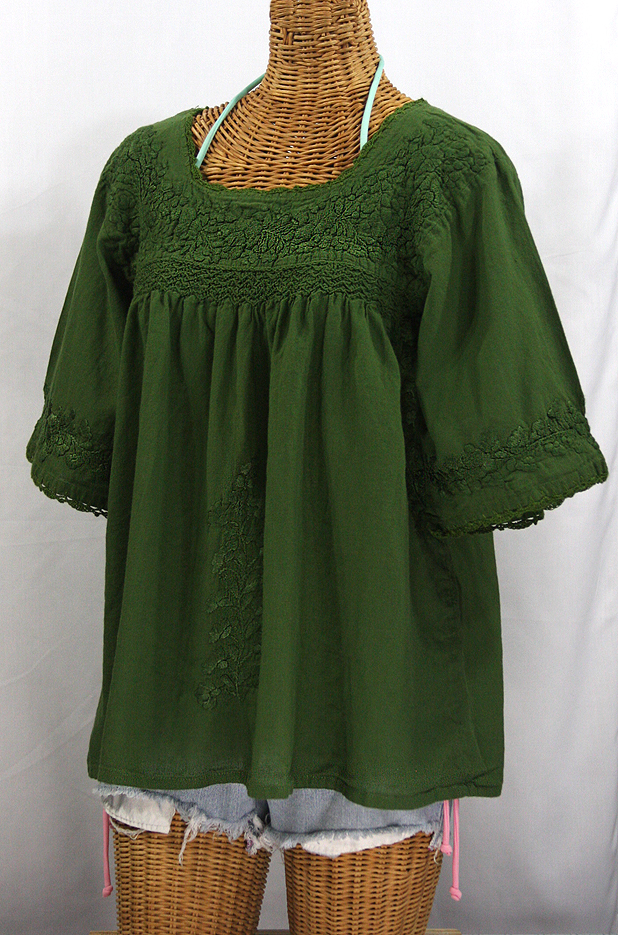 "La Marina" Embroidered Mexican Blouse - Olive Green + Olive Embroidery
