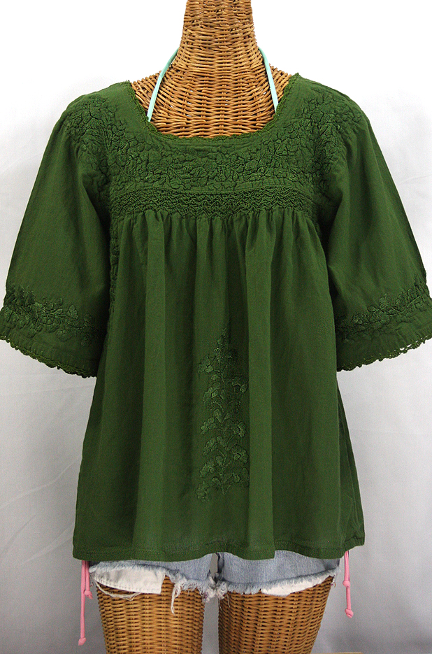 "La Marina" Embroidered Mexican Blouse - Olive Green + Olive Embroidery