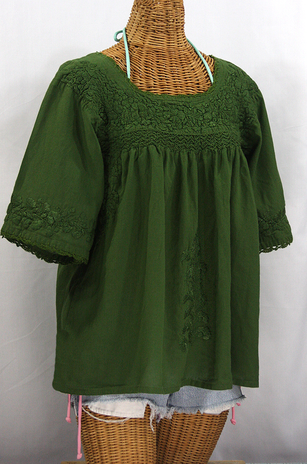 "La Marina" Embroidered Mexican Blouse - Olive Green + Olive Embroidery