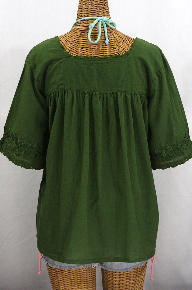 "La Marina" Embroidered Mexican Blouse - Olive Green + Olive Embroidery