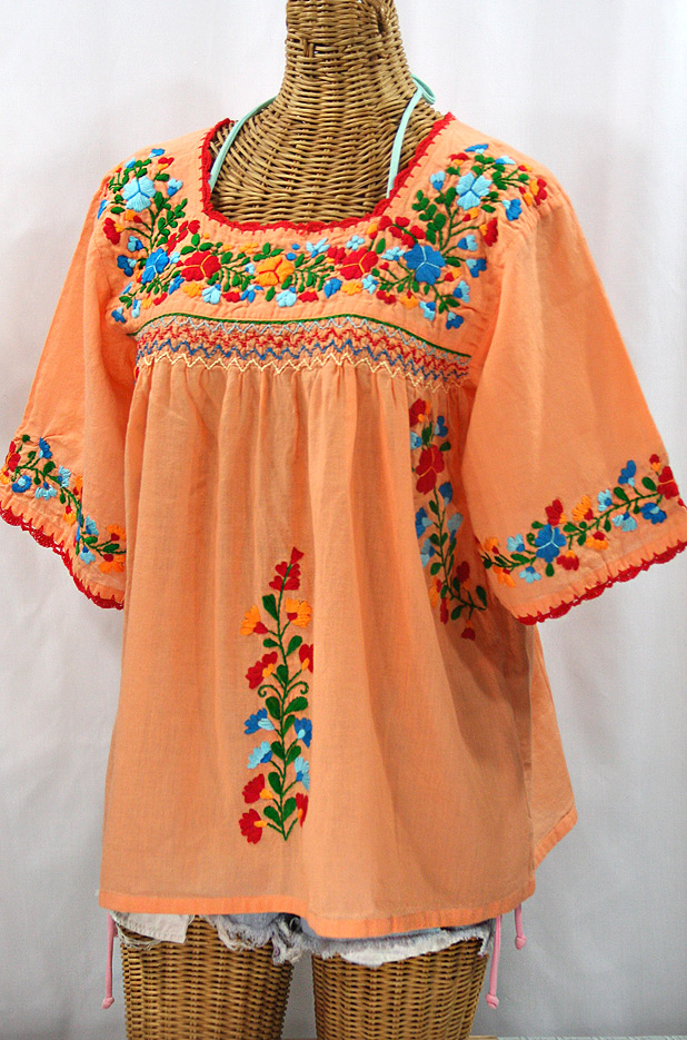 "La Marina" Embroidered Mexican Peasant Blouse - Orange Cream + Fiesta