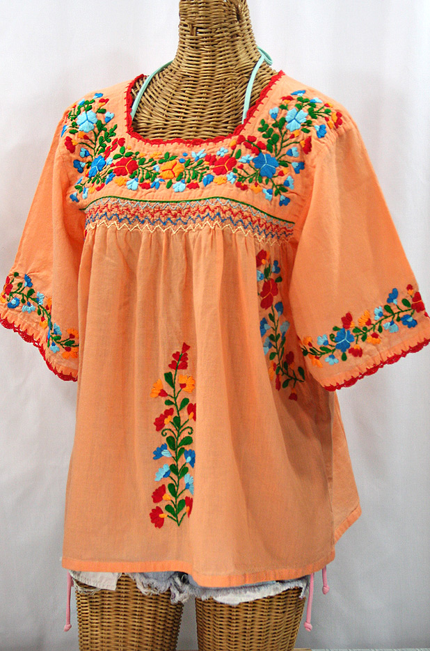 "La Marina" Embroidered Mexican Peasant Blouse - Orange Cream + Fiesta