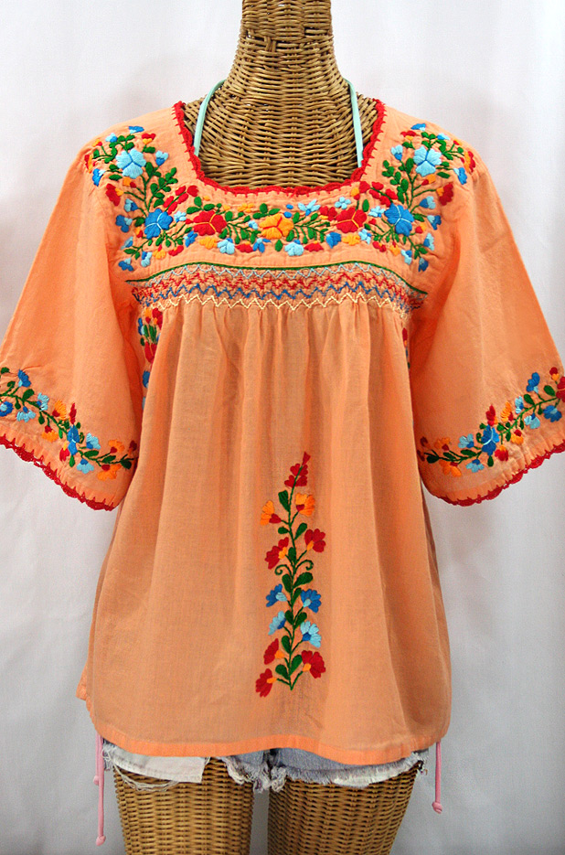 "La Marina" Embroidered Mexican Peasant Blouse - Orange Cream + Fiesta