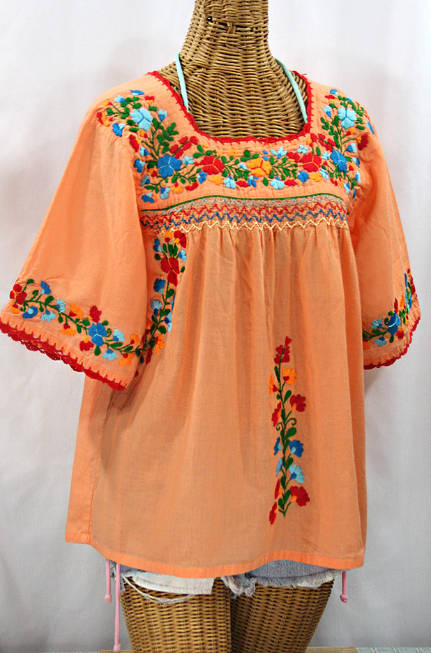 "La Marina" Embroidered Mexican Peasant Blouse - Orange Cream + Fiesta