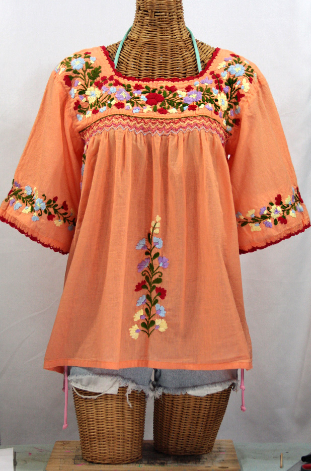"La Marina" Embroidered Mexican Peasant Blouse -Orange Cream + Multi