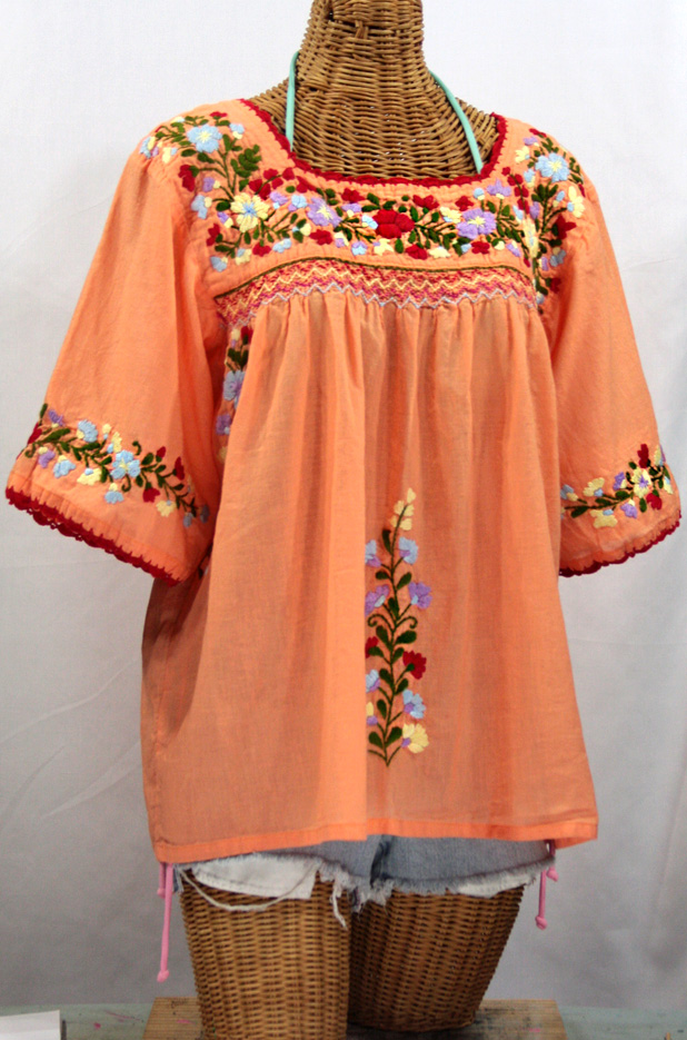 "La Marina" Embroidered Mexican Peasant Blouse -Orange Cream + Multi