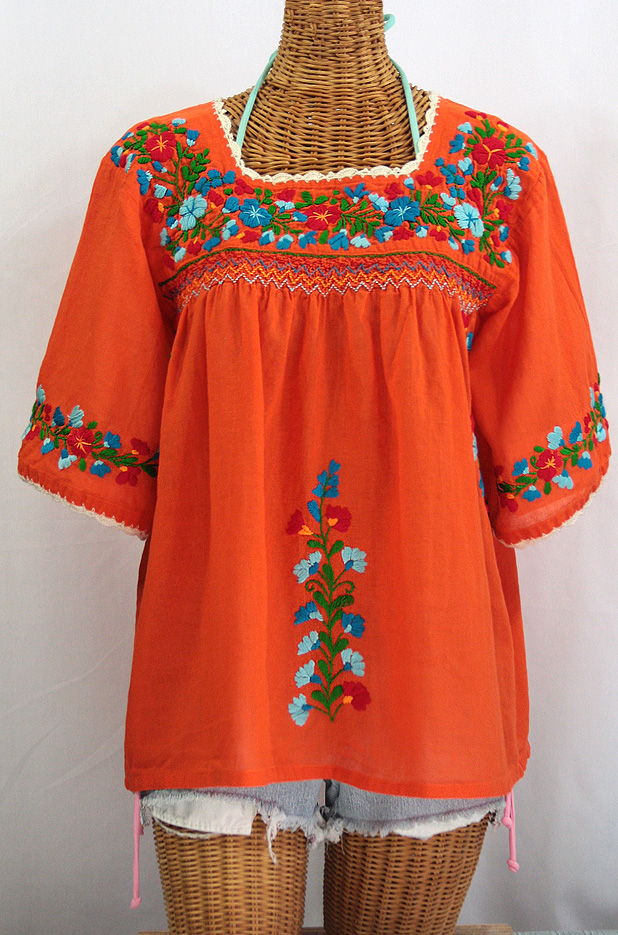 "La Marina" Embroidered Mexican Blouse -Orange + Fiesta