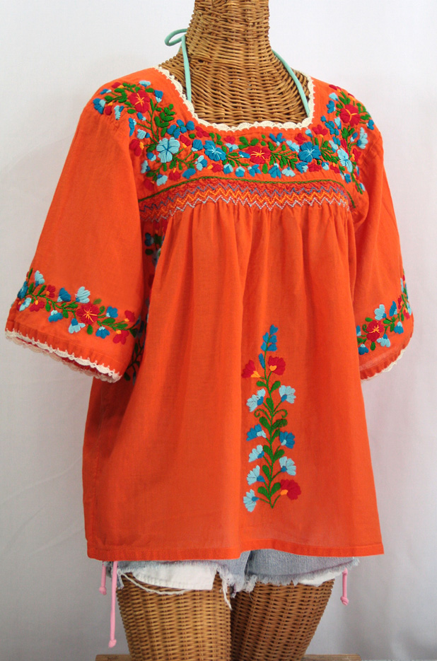 "La Marina" Embroidered Mexican Blouse -Orange + Fiesta