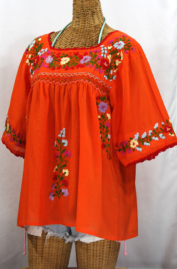 "La Marina" Embroidered Mexican Blouse -Orange + Red Trim