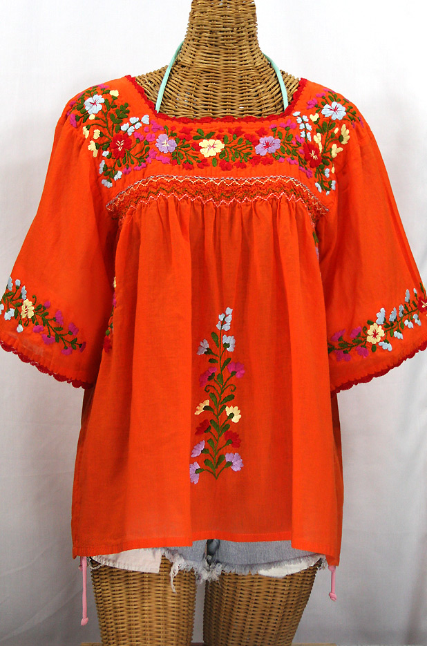 "La Marina" Embroidered Mexican Blouse -Orange + Red Trim