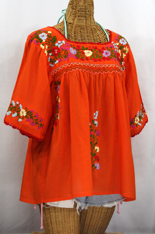 "La Marina" Embroidered Mexican Blouse -Orange + Red Trim