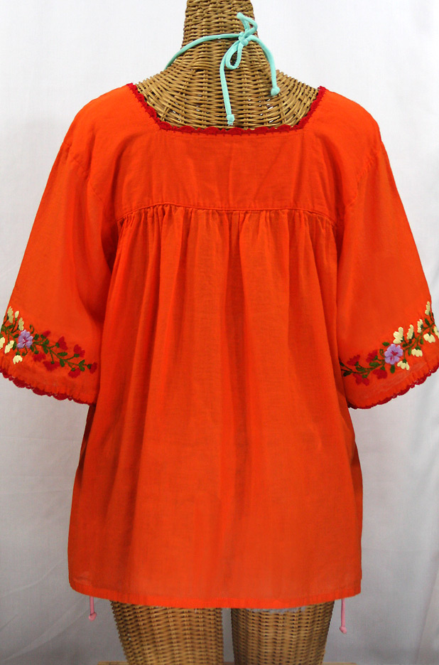 "La Marina" Embroidered Mexican Blouse -Orange + Red Trim