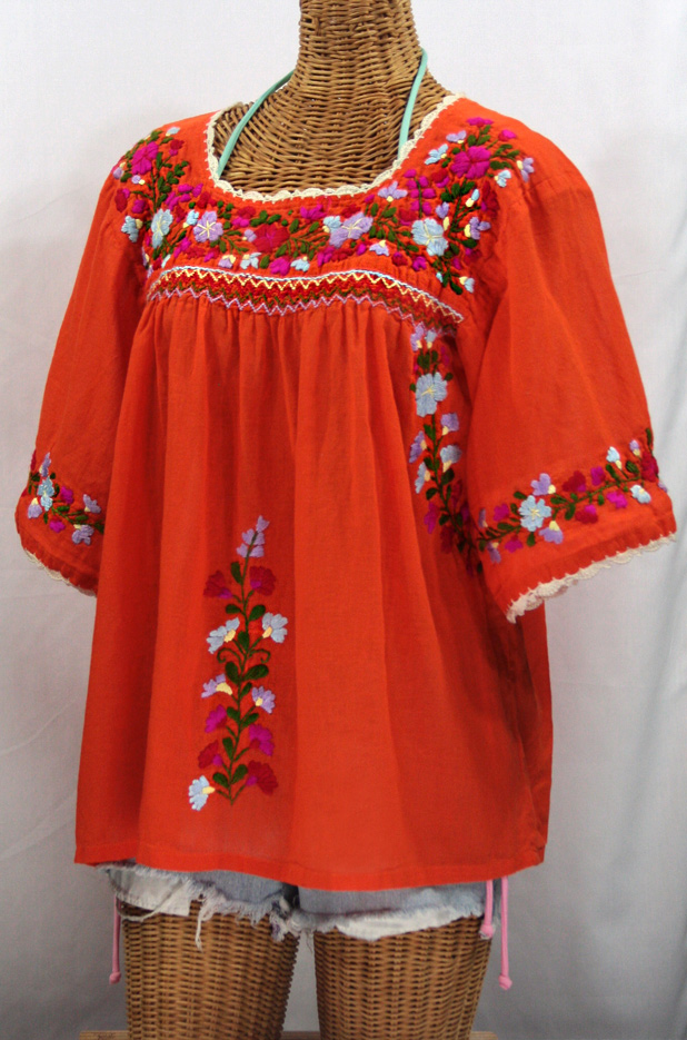 "La Marina" Embroidered Mexican Blouse -Orange + Multi