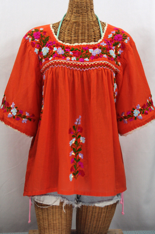 "La Marina" Embroidered Mexican Blouse -Orange + Multi