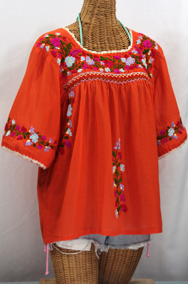"La Marina" Embroidered Mexican Blouse -Orange + Multi