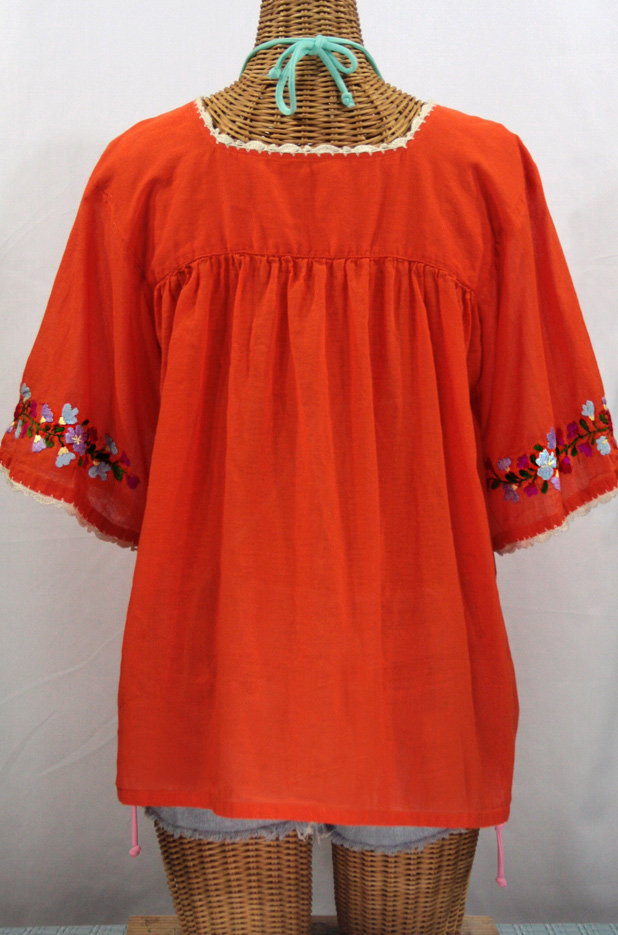"La Marina" Embroidered Mexican Blouse -Orange + Multi