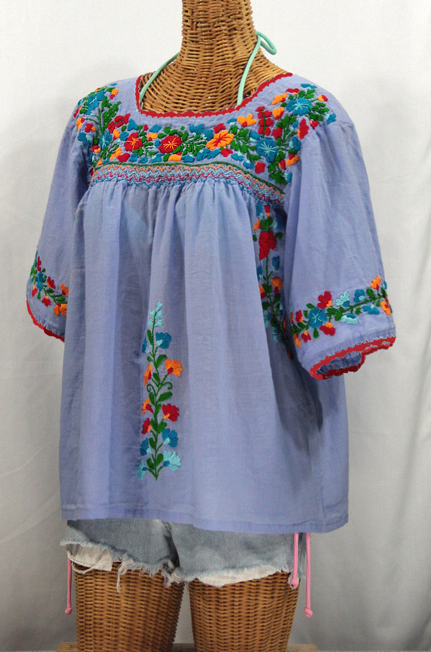 "La Marina" Embroidered Mexican Peasant Blouse -Periwinkle + Fiesta Embroidery