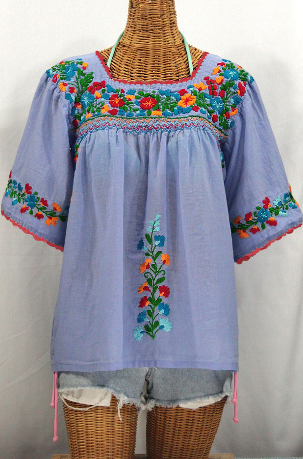 "La Marina" Embroidered Mexican Peasant Blouse -Periwinkle + Fiesta Embroidery