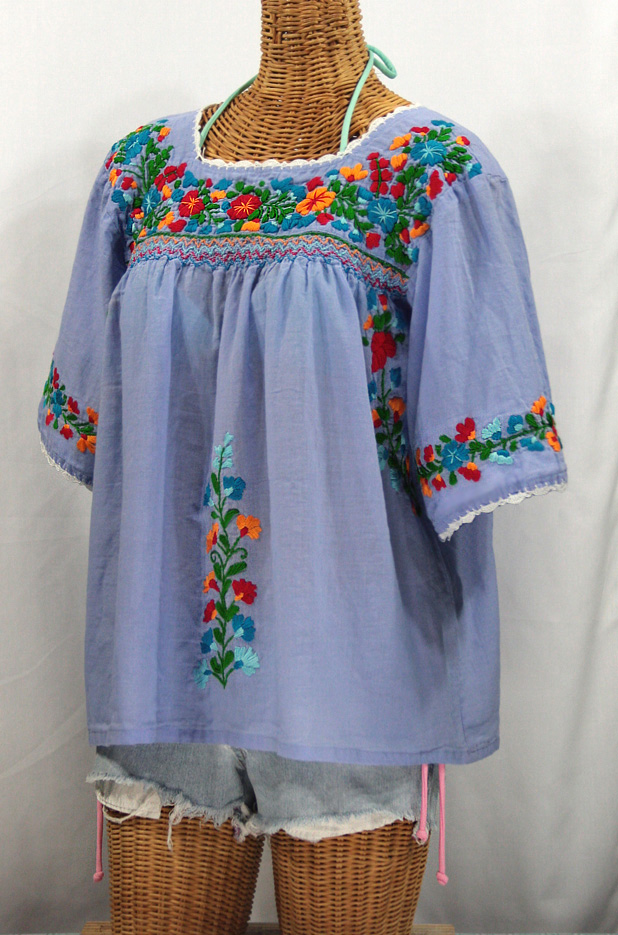 "La Marina" Embroidered Mexican Peasant Blouse -Periwinkle + Fiesta Embroidery