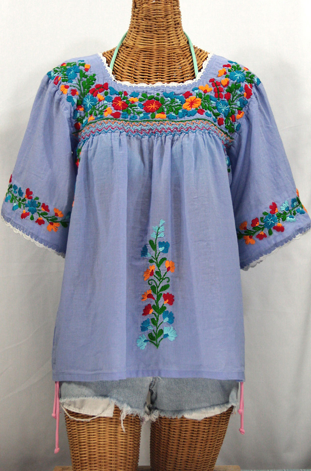 "La Marina" Embroidered Mexican Peasant Blouse -Periwinkle + Fiesta Embroidery