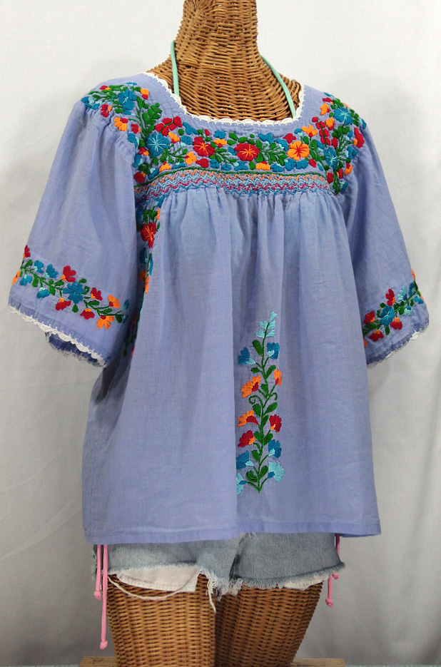 "La Marina" Embroidered Mexican Peasant Blouse -Periwinkle + Fiesta Embroidery