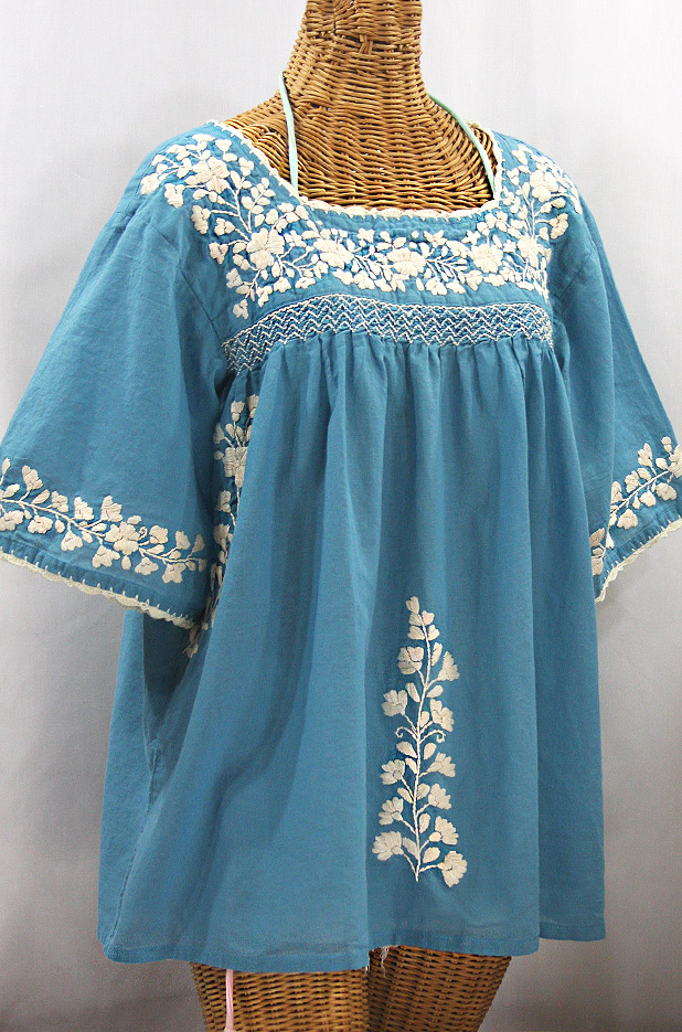 "La Marina" Embroidered Mexican Peasant Blouse - Pool Blue + Cream Embroidery