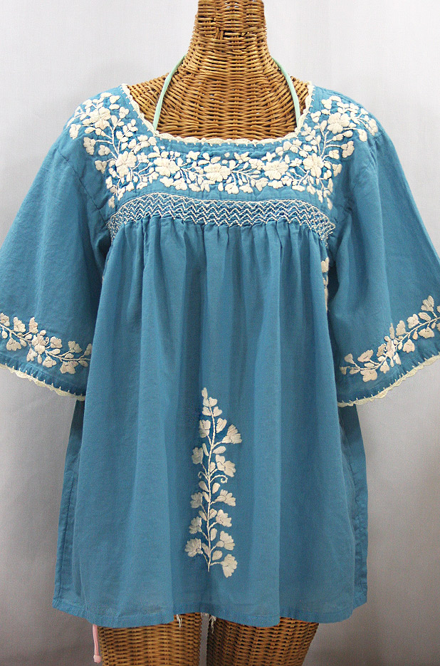 "La Marina" Embroidered Mexican Peasant Blouse - Pool Blue + Cream Embroidery