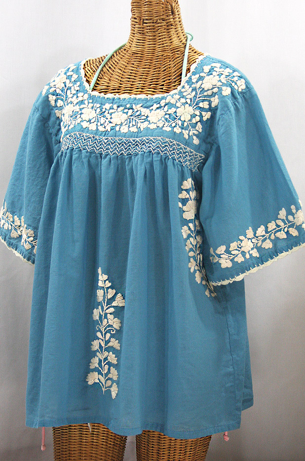 "La Marina" Embroidered Mexican Peasant Blouse - Pool Blue + Cream Embroidery