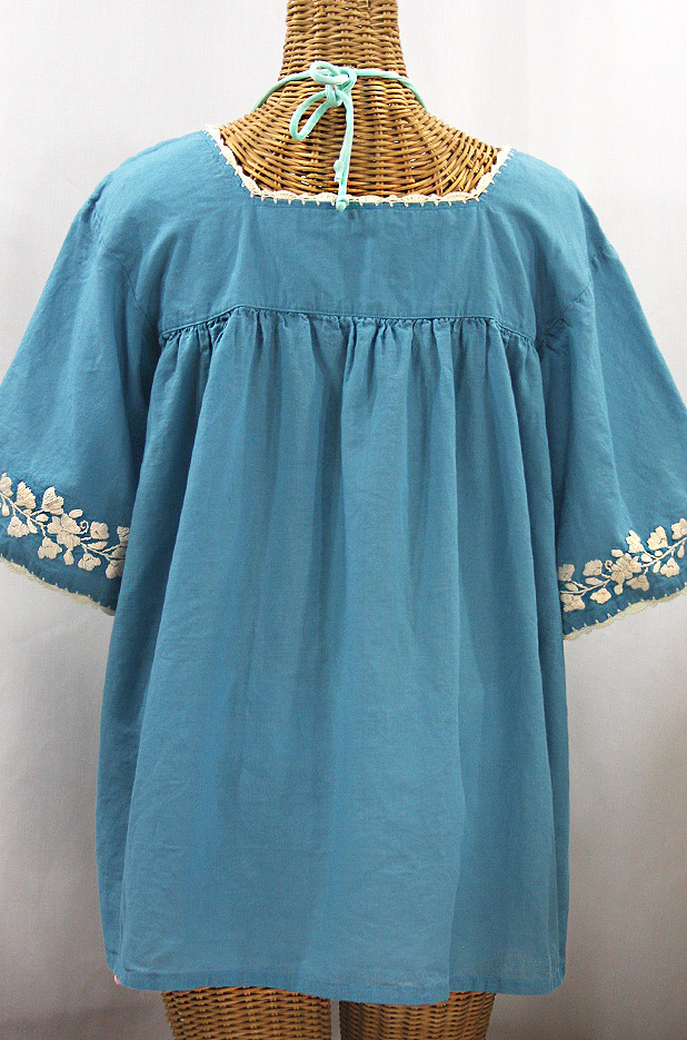 "La Marina" Embroidered Mexican Peasant Blouse - Pool Blue + Cream Embroidery