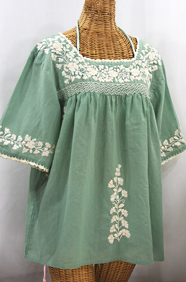 "La Marina" Embroidered Mexican Peasant Blouse - Sage Green + Cream Embroidery