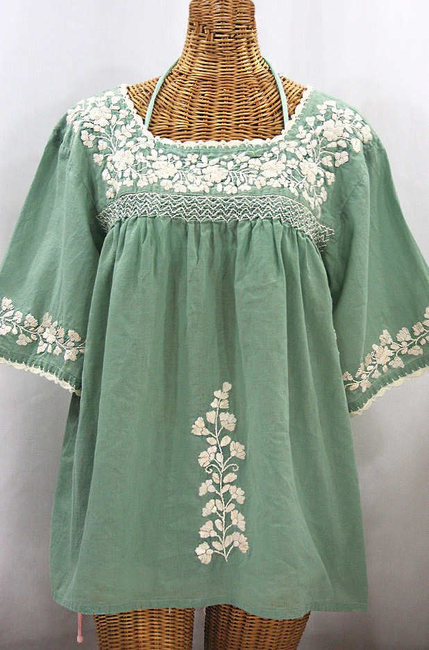 "La Marina" Embroidered Mexican Peasant Blouse - Sage Green + Cream Embroidery