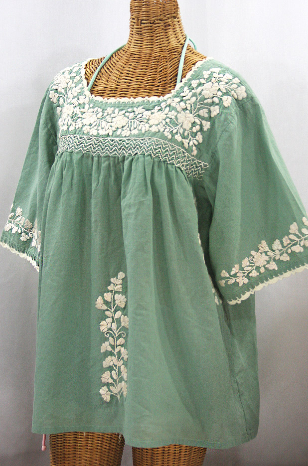 "La Marina" Embroidered Mexican Peasant Blouse - Sage Green + Cream Embroidery