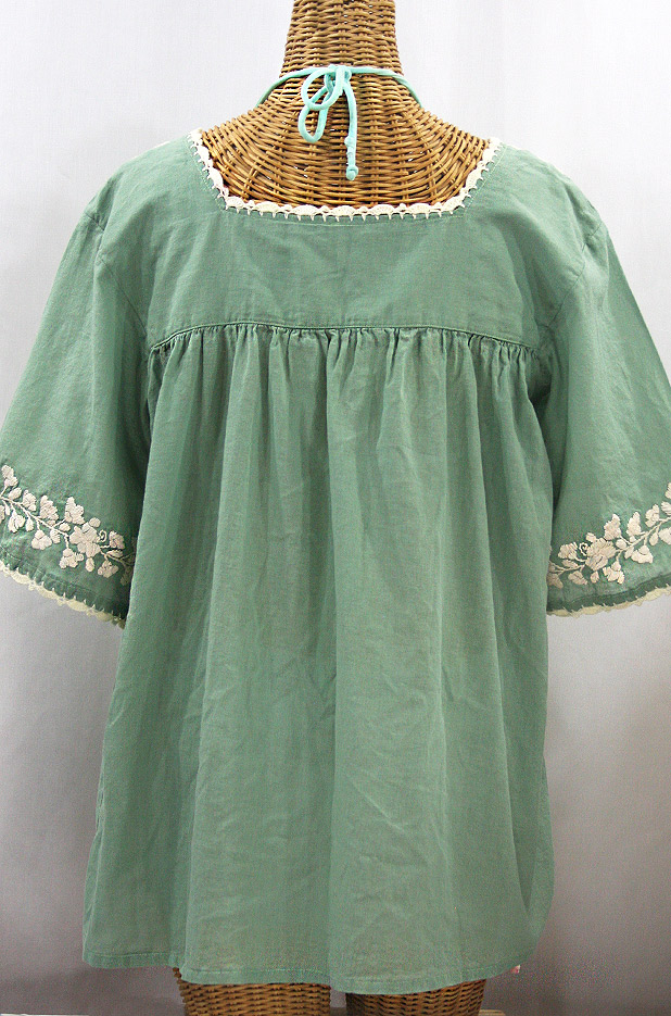 "La Marina" Embroidered Mexican Peasant Blouse - Sage Green + Cream Embroidery