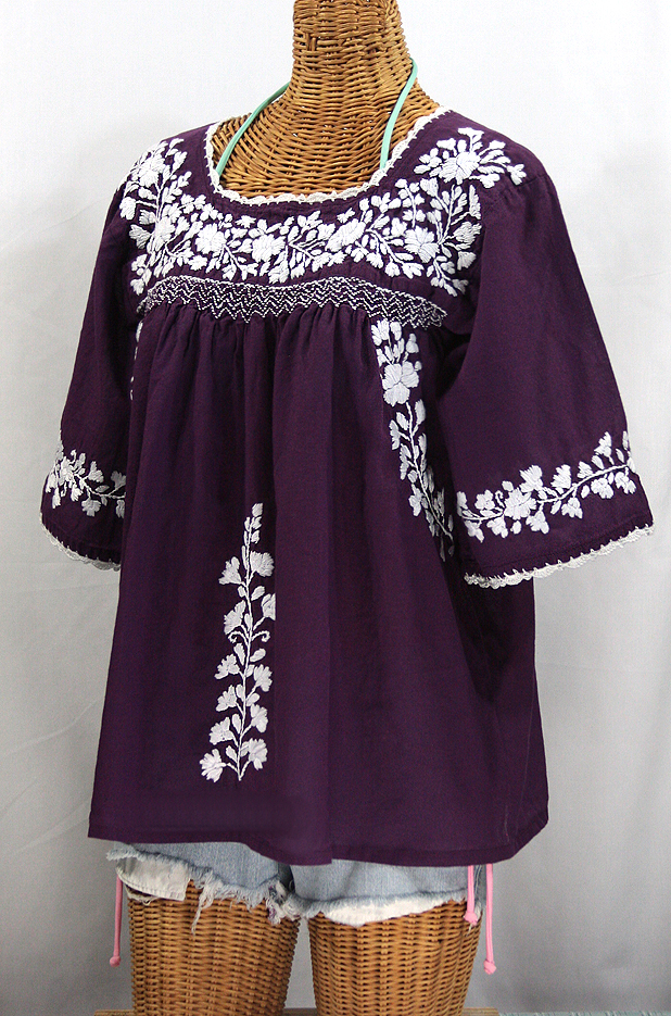 "La Marina" Embroidered Mexican Blouse - Plum + White Embroidery