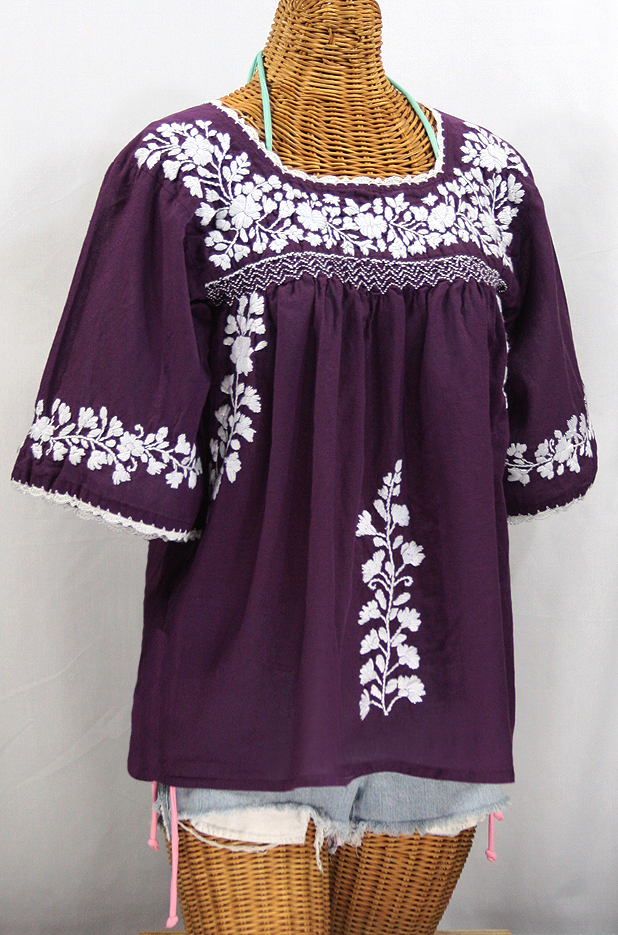 "La Marina" Embroidered Mexican Blouse - Plum + White Embroidery