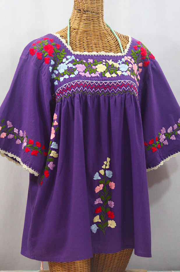 "La Marina" Embroidered Mexican Peasant Blouse -Purple + Multi-colored Embroidery