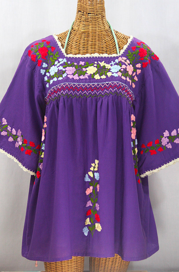 "La Marina" Embroidered Mexican Peasant Blouse -Purple + Multi-colored Embroidery