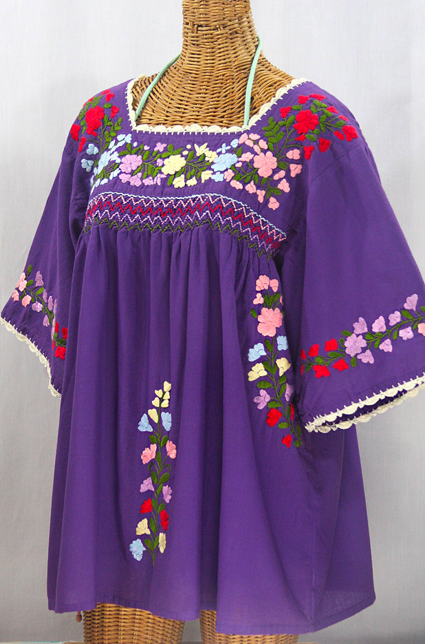 "La Marina" Embroidered Mexican Peasant Blouse -Purple + Multi-colored Embroidery