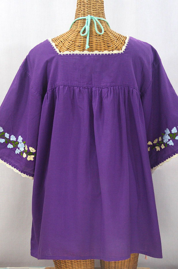 "La Marina" Embroidered Mexican Peasant Blouse -Purple + Multi-colored Embroidery