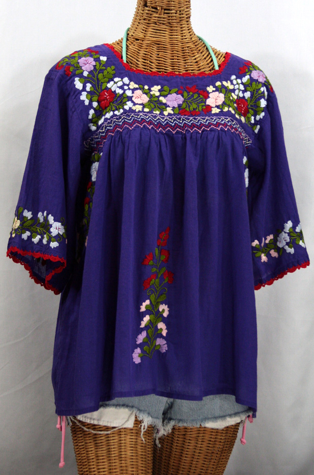 "La Marina" Mexican Peasant Blouse -Purple + Red Trim